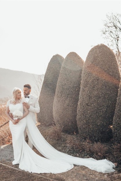 Exquisite Floor Length Sweetheart Portrait Mermaid Lace Satin Wedding Dress with Watteau Train