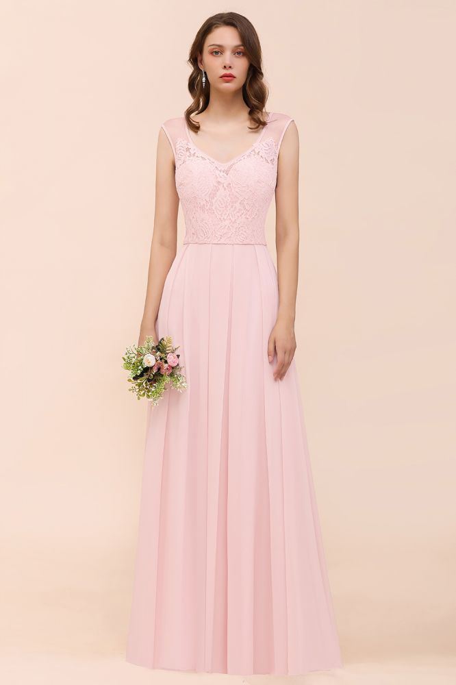 Romantic Sleeveless Lace Chiffon Wedding Guest Dress V-Neck Bridesmaid Dress