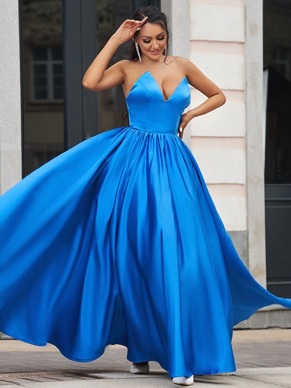 V-neck Satin Sleeveless Ankle Length Evening Dresses