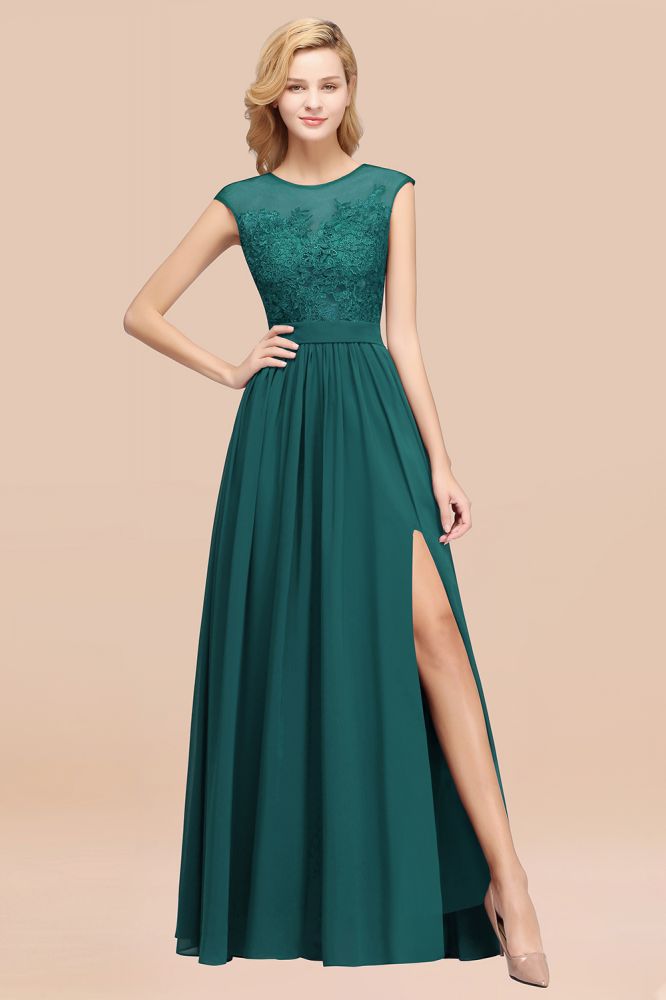 A-line Chiffon Lace Jewel Sleeveless Floor-Length Bridesmaid Dresses with Appliques