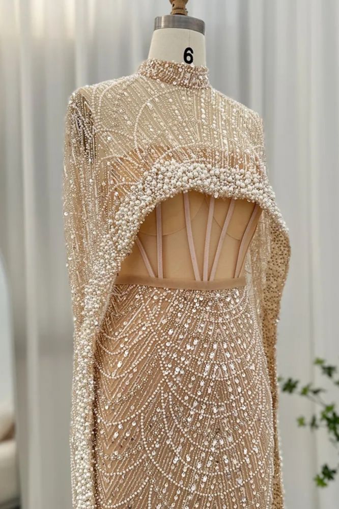 Luxury Pearls Dubai Mermaid Evening Dress with Cape Sleeves Seequined Floor Length Party Dress