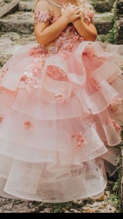 Lovely Jewel Short Sleeves Tiered Tulle Flower Girl Dresses with Handmade Flowers | Long Sheer Little Girl Pageant Dress-Babyonlinewholesale
