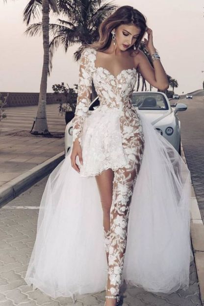 Elegant Lace Jumpsuit Asymmetirc Overskirt White Wedding Dress