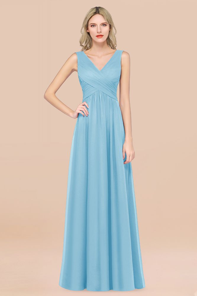 Chiffon A-Line Straps V-Neck Sleeveless Long Bridesmaid Dress with Ruffles