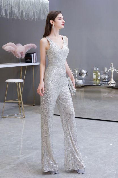 Sexy Shining V-neck Silver Sequin Sleeveless Prom Jumpsuit
