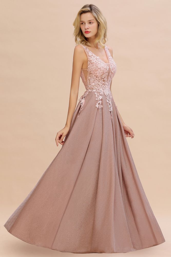 Rebacca | A-Line V-neck Floor-Length Tulle Sequined Prom Dresses