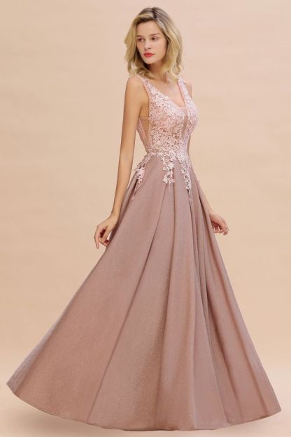 Rebacca | A-Line V-neck Floor-Length Tulle Sequined Prom Dresses