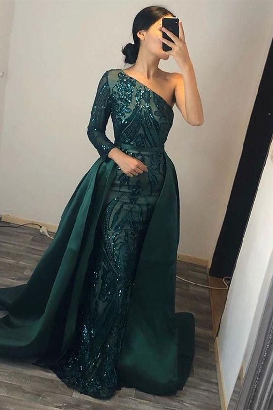 Dark Green One shoulder Court Train Evening Dresses with Overskirt