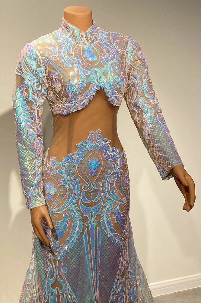 Two piece sparkle sequin white prom dress
