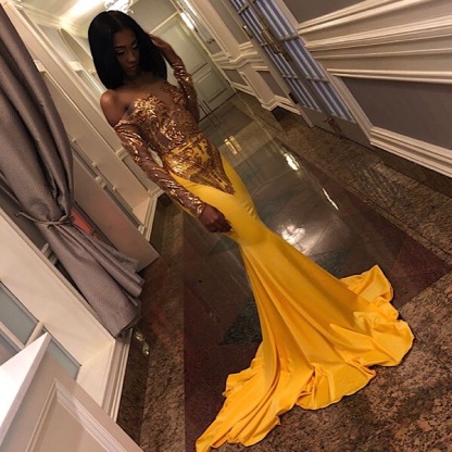 Sexy Off Shoulder Applique Satin Long Sleeve Mermaid Slim Prom Gown