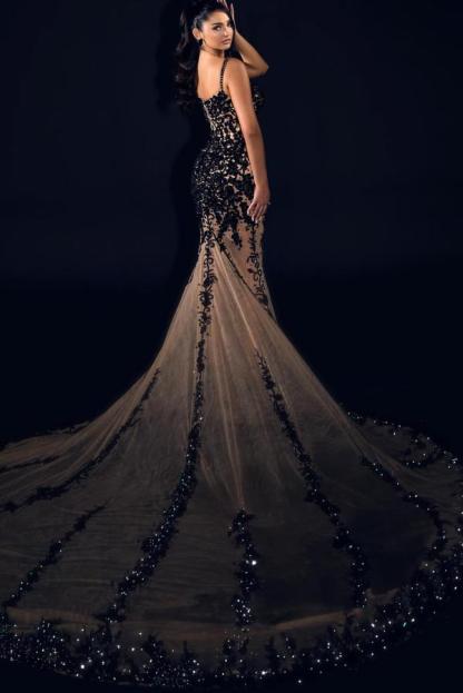 Sleeveless Strapless Tulle Mermaid Black Prom Dresses