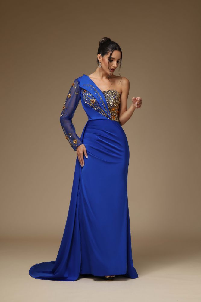 One shoulder Long sleeves Royal blue Column Prom Dresses