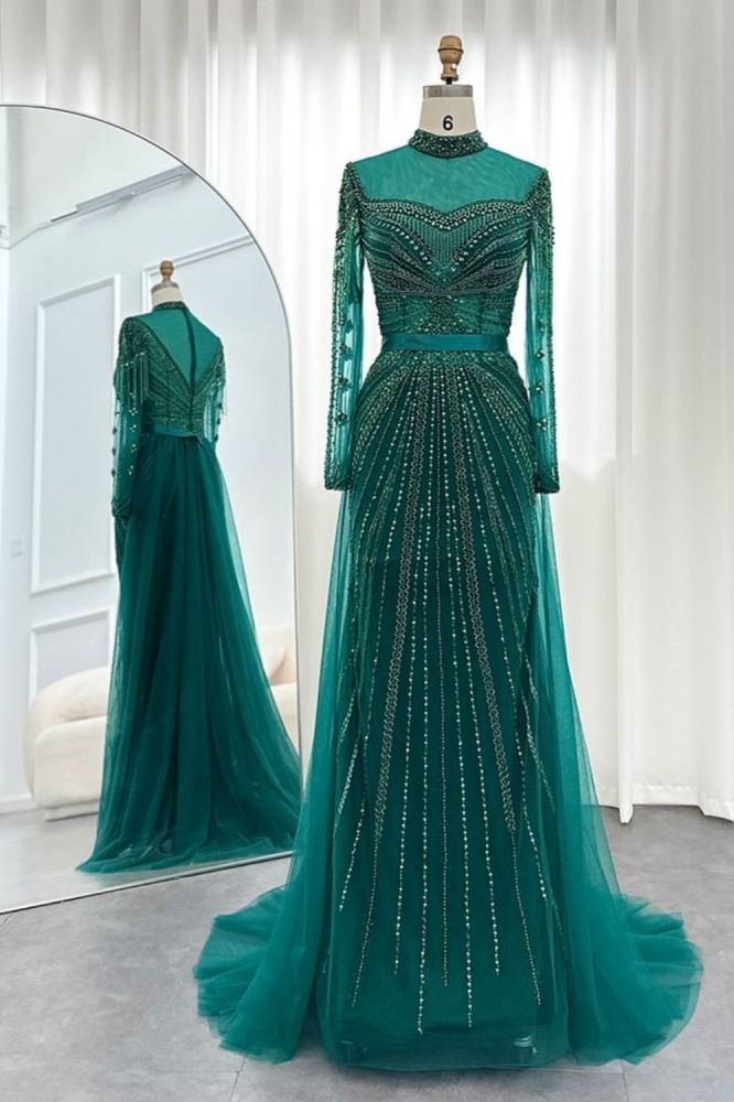 Gorgeous High Neck Beading Sequins Mermaid Evening Gown Long Sleeves Tulle Party Dress with Sweep Train-Babyonlinewholesale