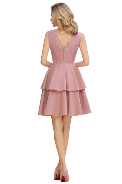 Sexy V-neck V-back Knee Length Homecoming Dresses with Ruffle Skirt | Burgundy, Navy, Pink Dress for Homecoming-Babyonlinewholesale