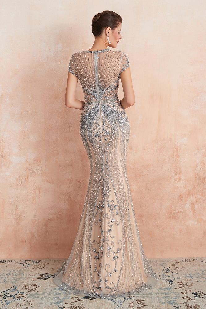 Chloe | Luxury Dark Navy Cap Sleeve Key hole Sparkle Prom Dress Online, Beautiful Champange Dresses for Evening Party-Babyonlinewholesale