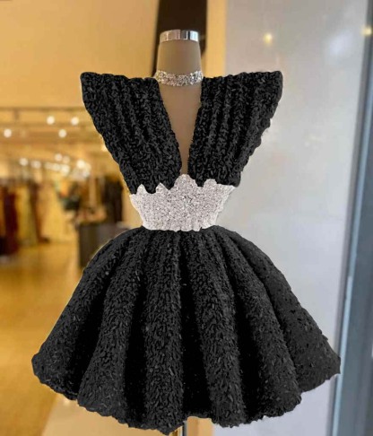 V Neck Sleeveless A Line Short Prom Dress With Pleated Sequins