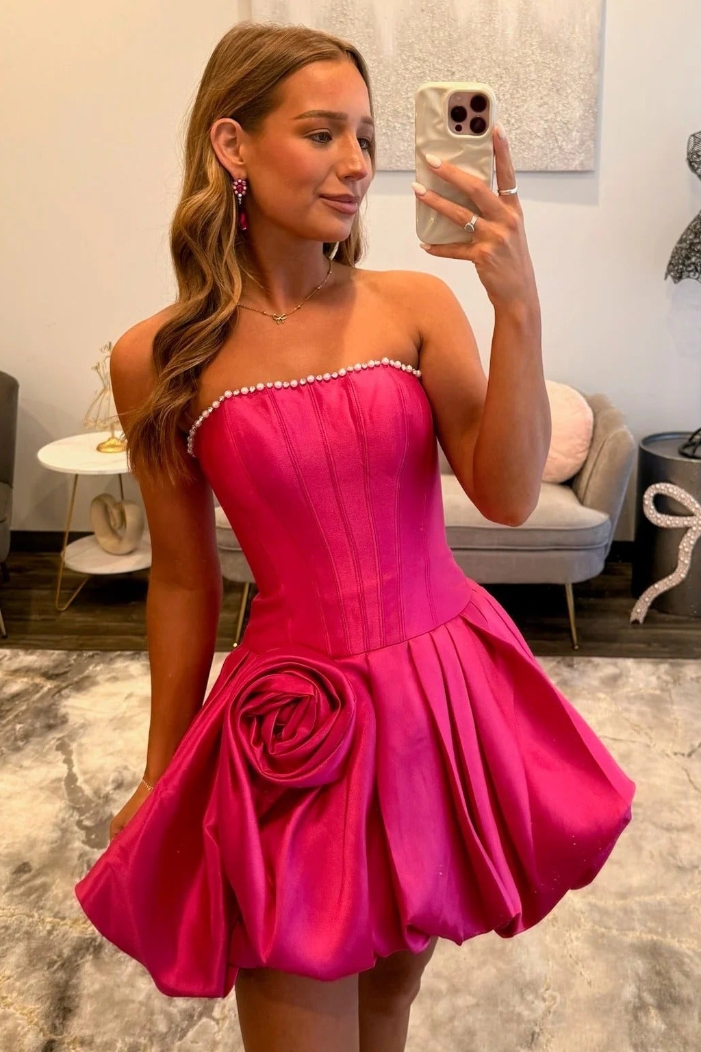 Hot Pink Strapless Satin Beaded A-Line Short Homecoming Dress with Flowers