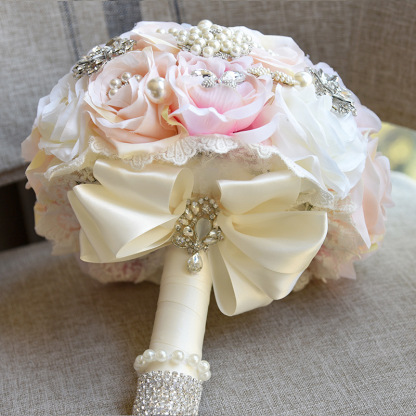 Shiny Crystal Beading Silk Rose Wedding Bouquet in White and Pink