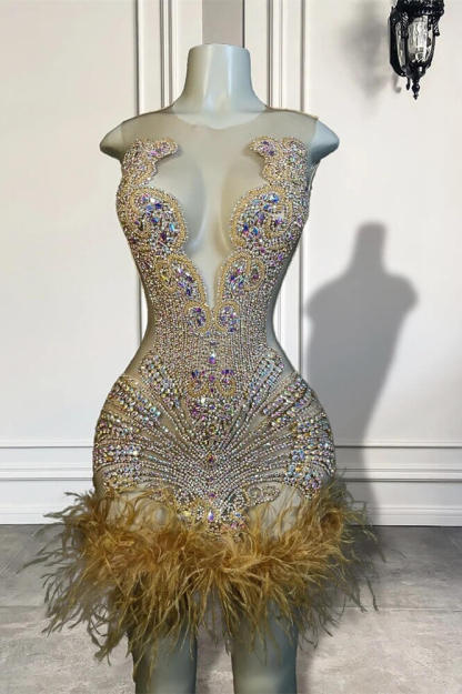 Silver Cap sleeves Mermaid Beaded Feathers Prom Dresses