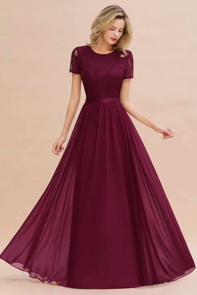 Retro Chiffon Lace Scoop Short-Sleeves Online Bridesmaid Dress
