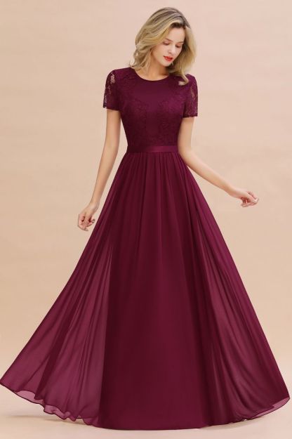 Retro Chiffon Lace Scoop Short-Sleeves Online Bridesmaid Dress