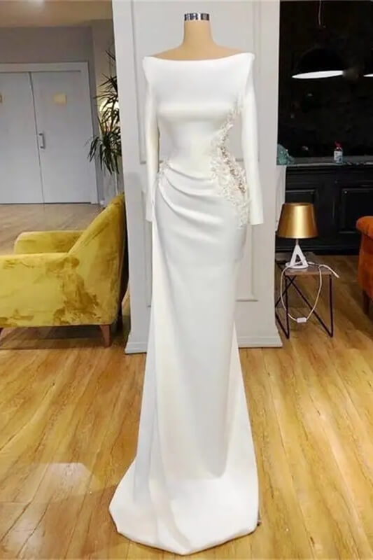 Ivory Boat neck Long sleeves Satin Wedding Dresses