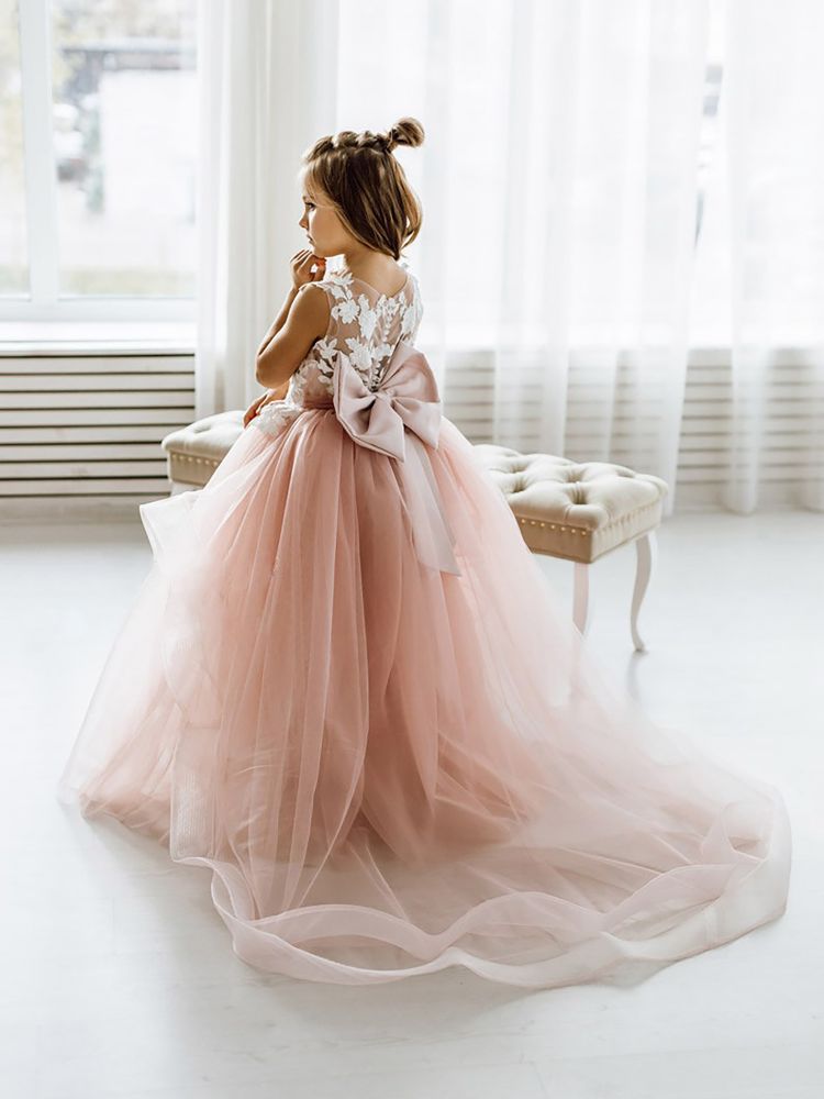 Dusty Pink Flower Girl Dress Tulle Sleeveless Lace First communion dress for girl Birthday Party Dress Bowtie with Train-Babyonlinewholesale