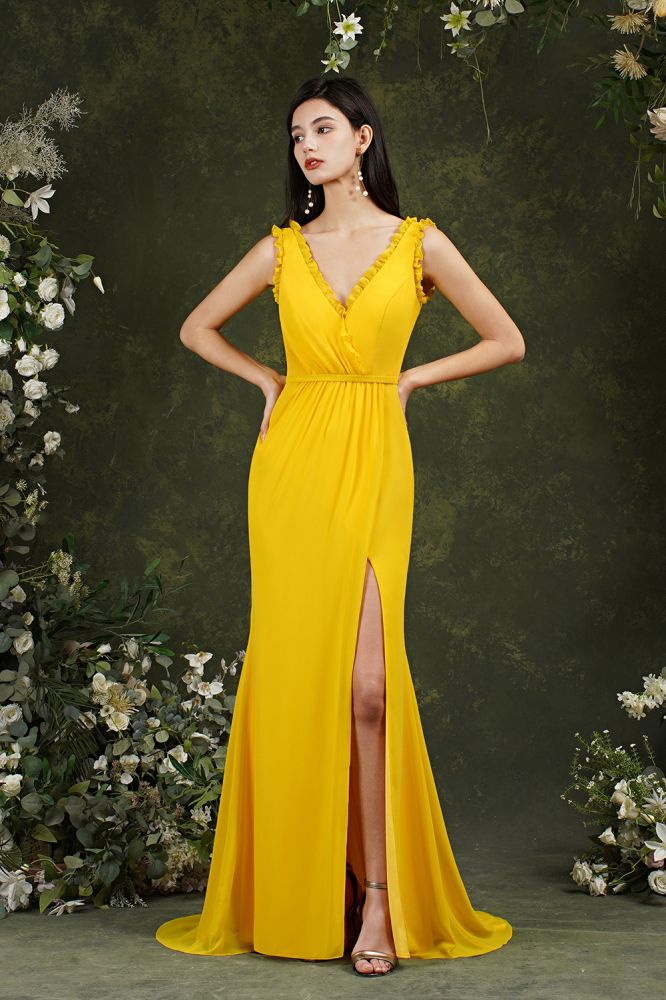 Deep V neck Sleeveless Split Front Floor-Length Prom dress