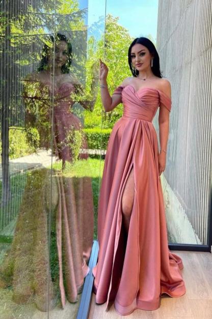 Off-the-Shoulder Ruched Satin Long Evening Party Dress with Side Split