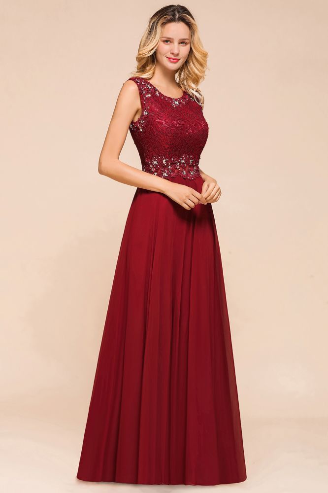 Arla | Trendy Round neck Beaded Burgundy Lace Bridesmaid Dress with Belt