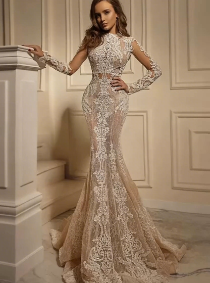 Stunning Floral Lace Long Mermaid Wedding Dress Long Sleeves