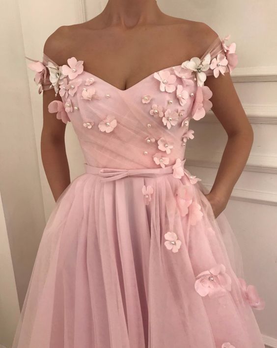 Pink Flowers A-Line Tulle Long Prom Dress | Elegant Off-the-Shoulder Evening Gowns