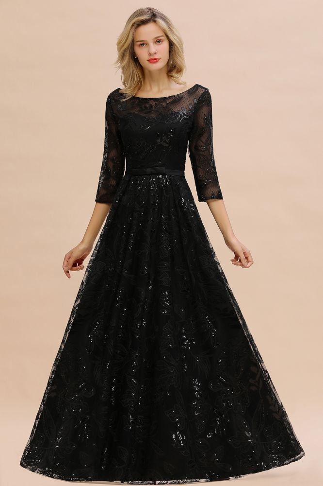 Acacia | Scoop neck Long Sleeves Black Prom Dresses with Sparkly Floral Designs