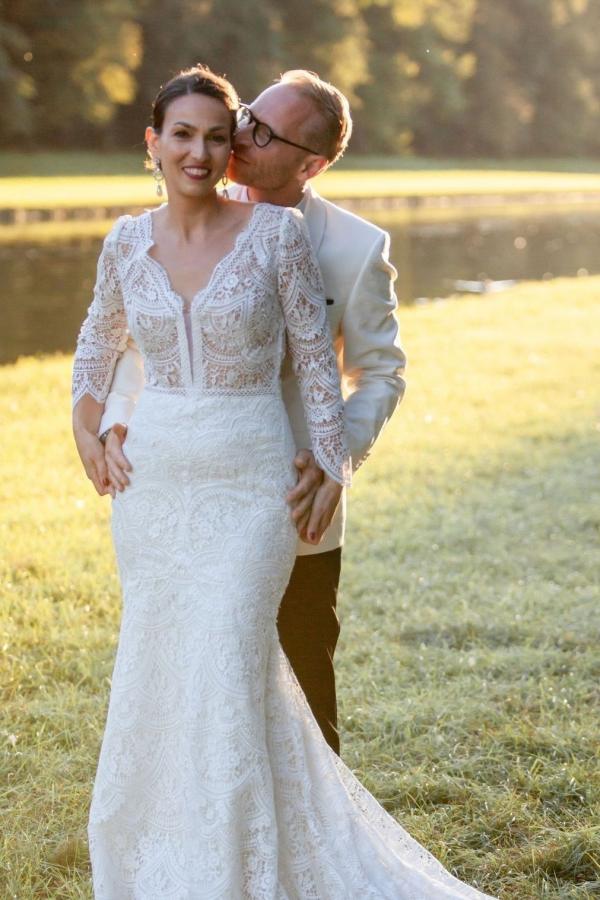 V-neck long sleeves Lace Mermaid White Court Train Wedding Dresses
