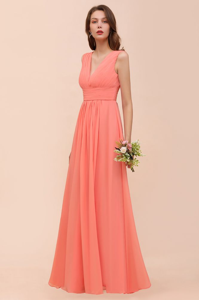 Coral V-Neck Aline Bridesmaid Dress Sleeveless Wedding Guest Dress