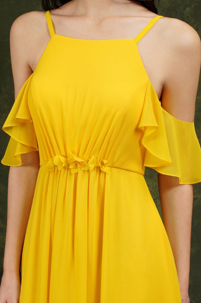 Beautiful Yellow Off-the-Shoulder Ruffles A-Line Chiffon Bridesmaid Dress With Pockets