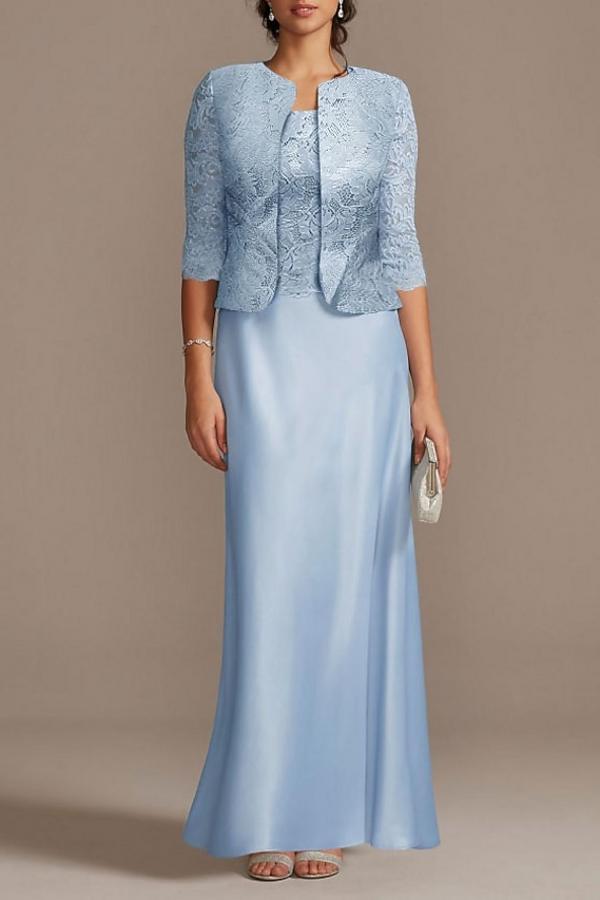 Long sleeves Sky blue Column Long Mother of the bride Dress