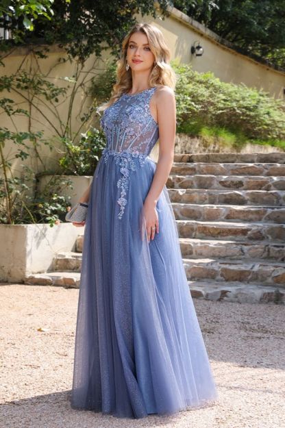 Chic Crew Neck Floor Length Prom Dress Tulle Lace Appliques A-line Evening Dress