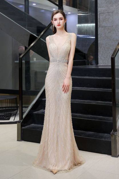 Sexy Mermaid V-neck Silver Mermaid Prom Dress