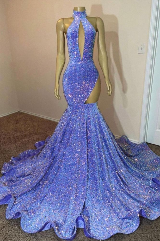 High neck Keyhole Lavender Sequin Mermaid Long Prom Dresses
