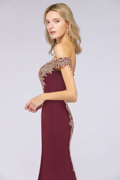Simple Off-the-shoulder Burgundy Formal Dress with Lace Appliques