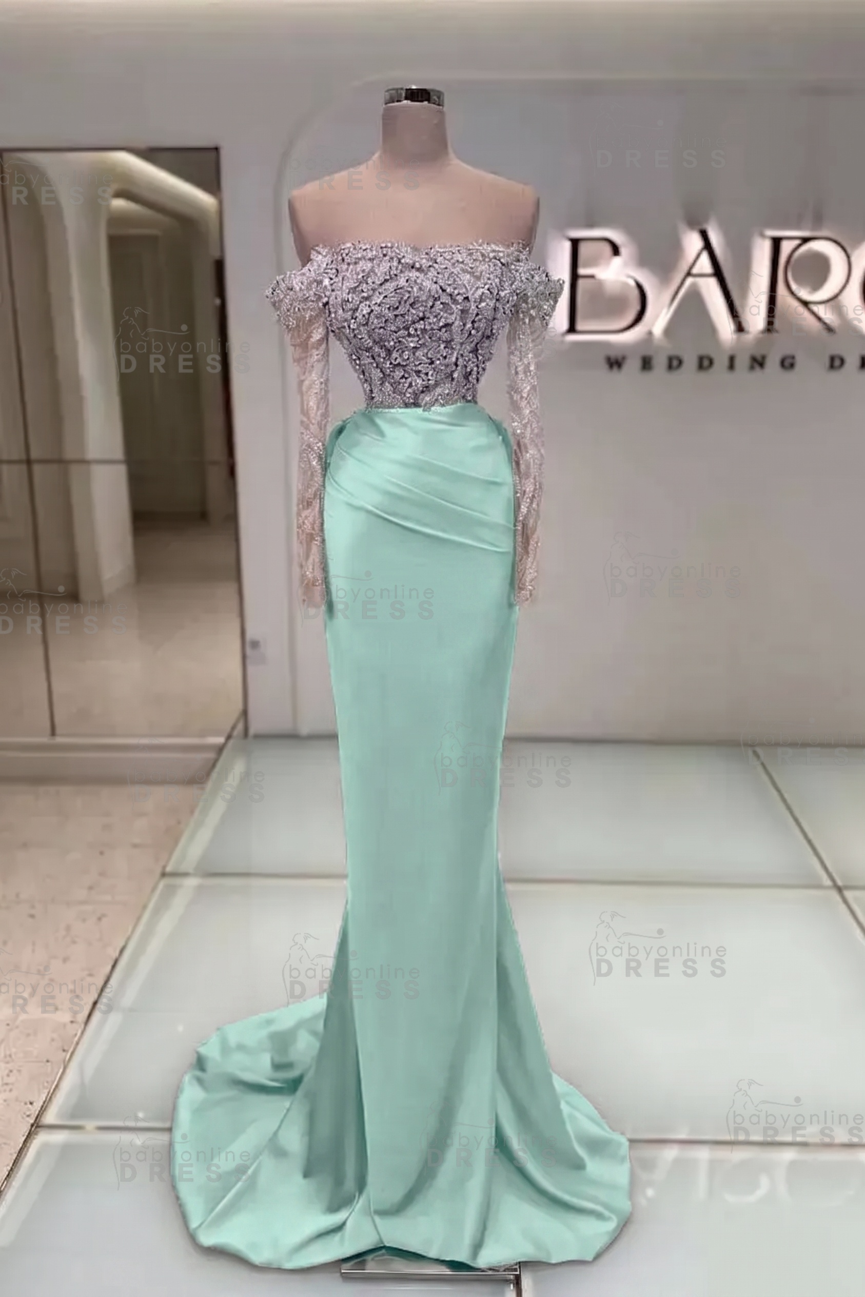 Off-the-Shoulder Ruffles Satin Mermaid Prom Dress Beadings with Sleeves
