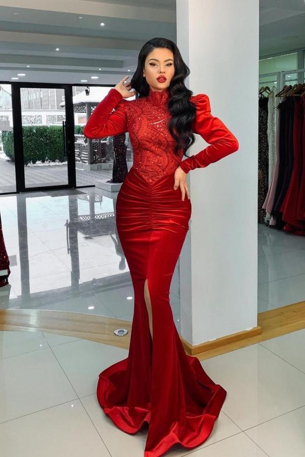Stunning Red Ruched High Neck Mermaid Prom Dress Long Sleeves