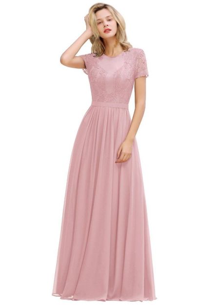 Abraham | Burgundy Short Sleeve Lace Simple Chiffon Formal Dress, Pink, Dark Green