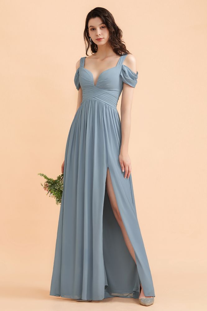 Grey Blue Off Shoulder Chiffon Bridesmaid Dress with Side Slit Straps Wedding Party Dress