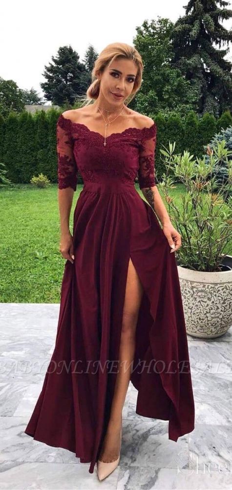 Burgundy Off The Shoulder Lace Half Sleeves Prom Dresses With Split | Chiffon Party Gowns