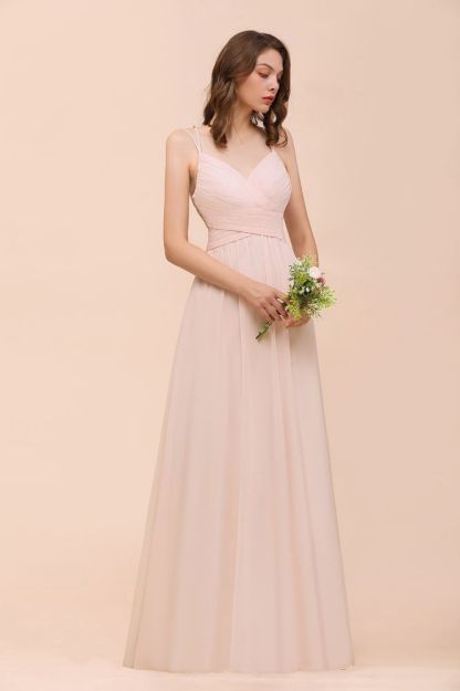 Stylish Pearl Pink V-Neck Bridesmaid Dress Chiffon Aline Evening Maxi Dress