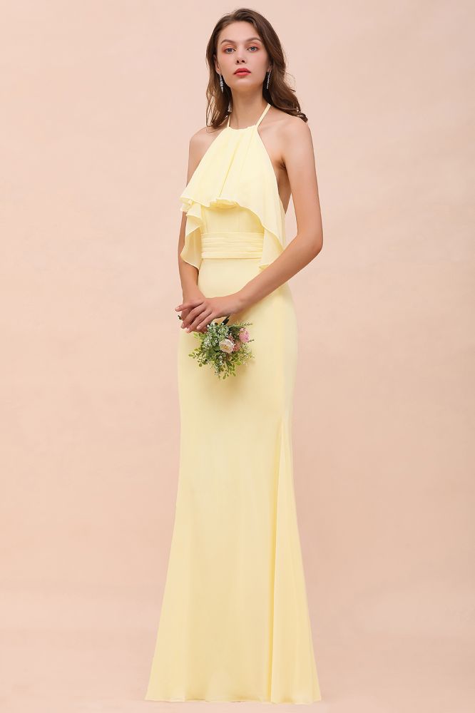 Halter Goose yellow Ruffle Chiffon Mermaid Bridesmaid Dress Floor Length