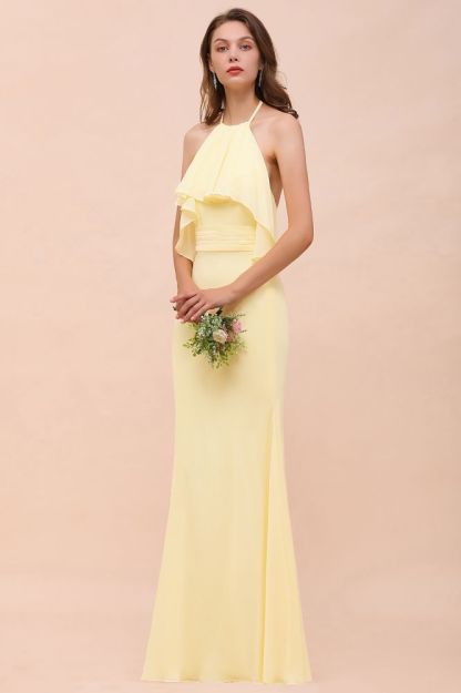 Halter Goose yellow Ruffle Chiffon Mermaid Bridesmaid Dress Floor Length