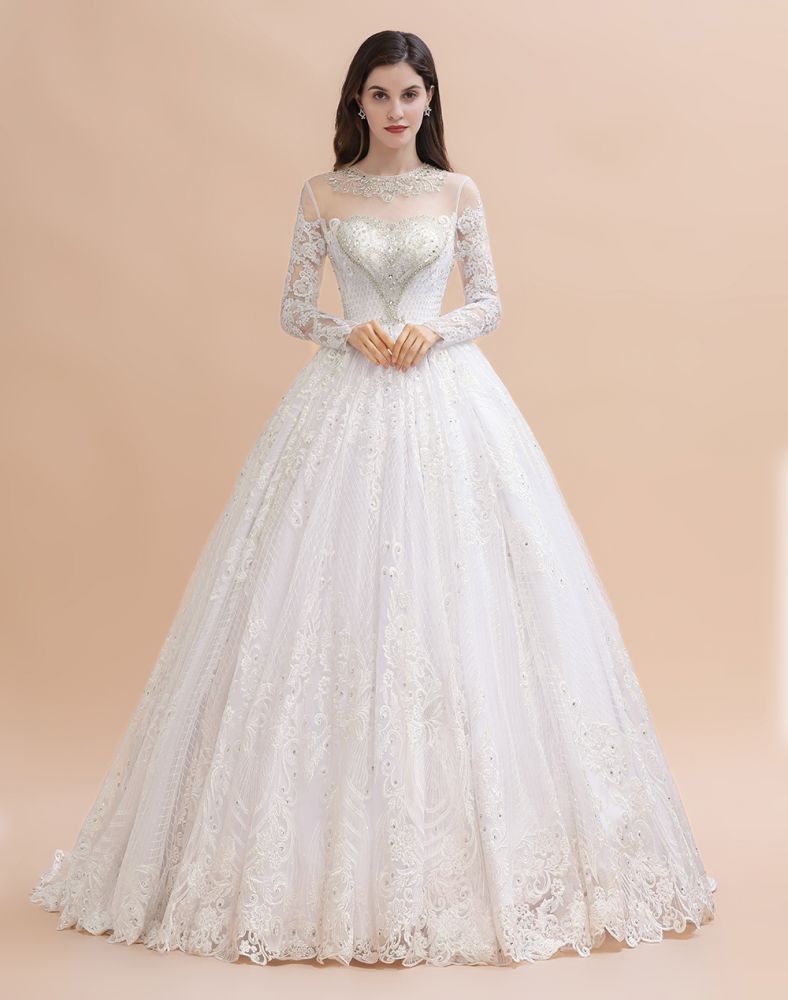 Glamorous Long Sleeve Beads White/Ivory Lace Appliques Wedding Dress